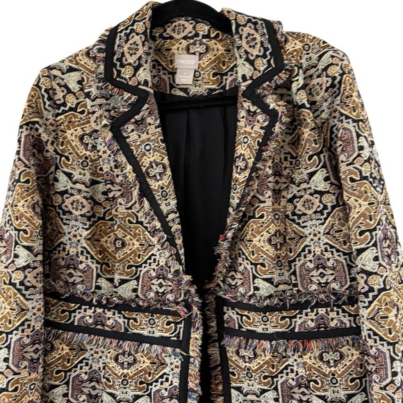 Chicos Jacquard Topper Jacket Womens 8 10 Chicos Size 1 Fringe Trim Long Sleeve - Picture 1 of 6